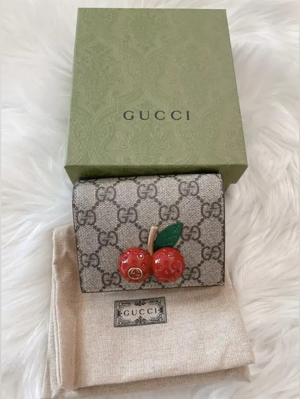 Gucci Monogram GG Supreme Snap Wallet with Red Cherry and Green Leaf Accent